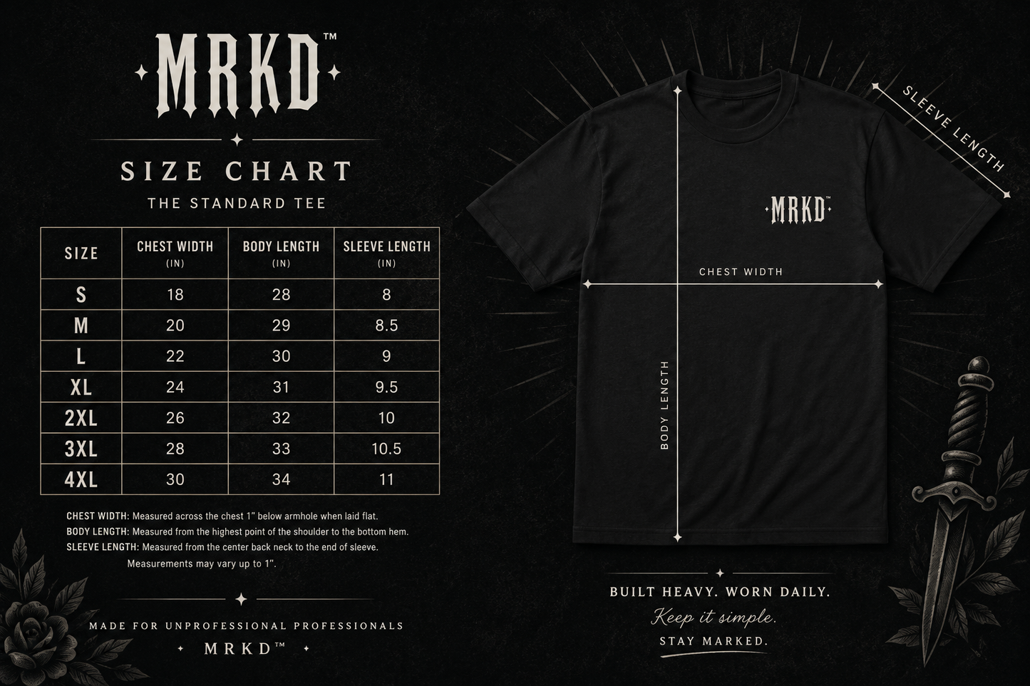 A black size chart graphic for the MRKD brand, showing a measurement table on the left and a black T-shirt on the right with dimension lines indicating chest width, body length, and sleeve length. The shirt has a small white MRKD logo on the chest, and the background is black with decorative text and a sword illustration.