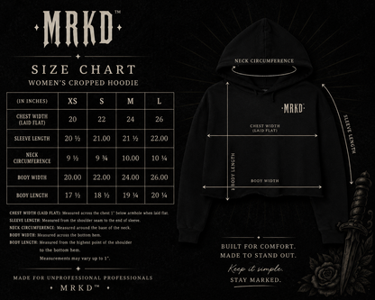 A size chart and fit guide for the MRKD Women's Cropped Hoodie, showing a black hoodie with measurement arrows and a size table from XS to L on a dark background.