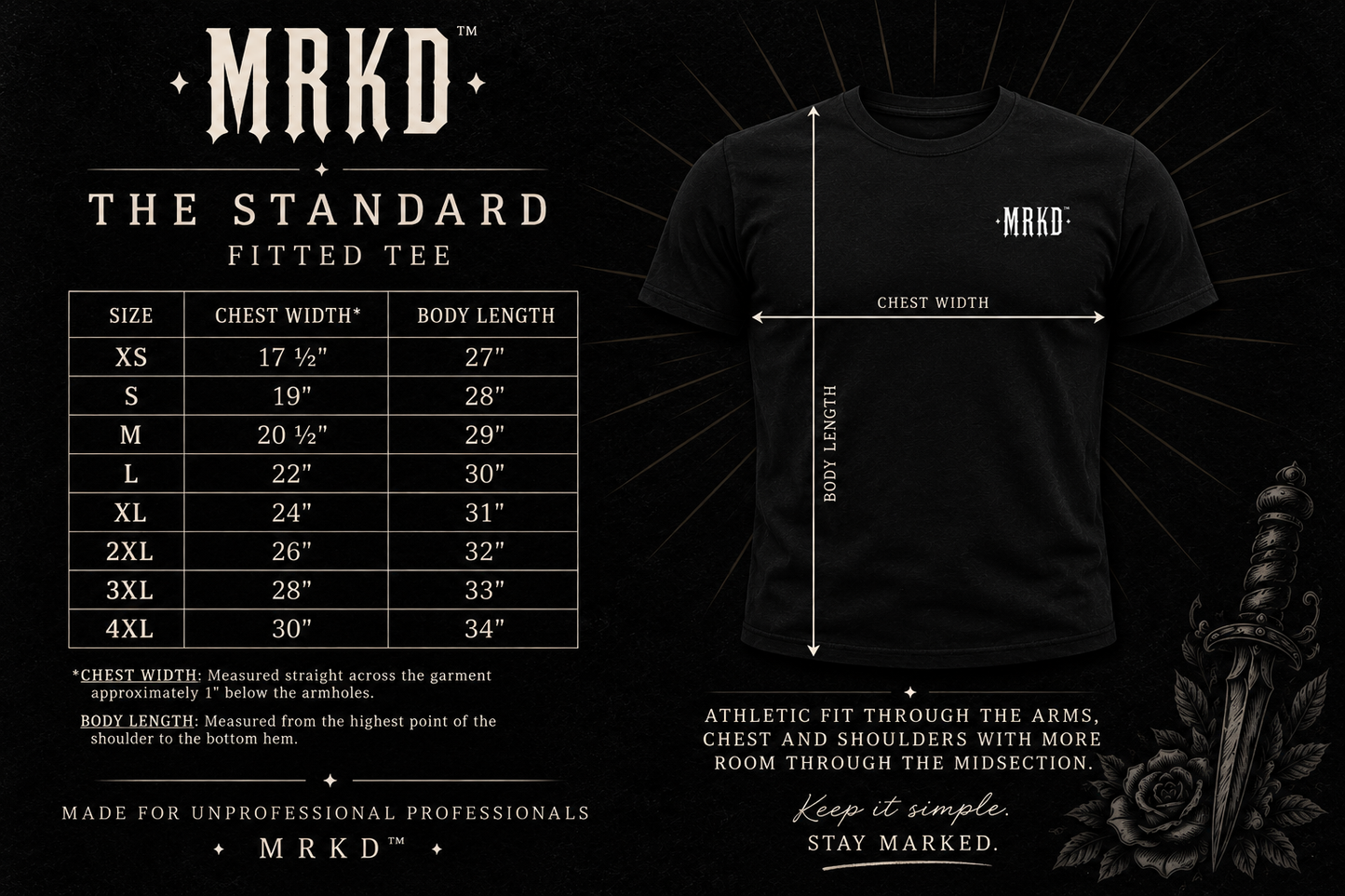 A black fitted t-shirt shown on a dark graphic layout with measurement arrows, a size chart, and branding text for MRKD. The shirt has a small white MRKD logo on the chest, and the image includes body width and body length measurements with a sample size table on the left.