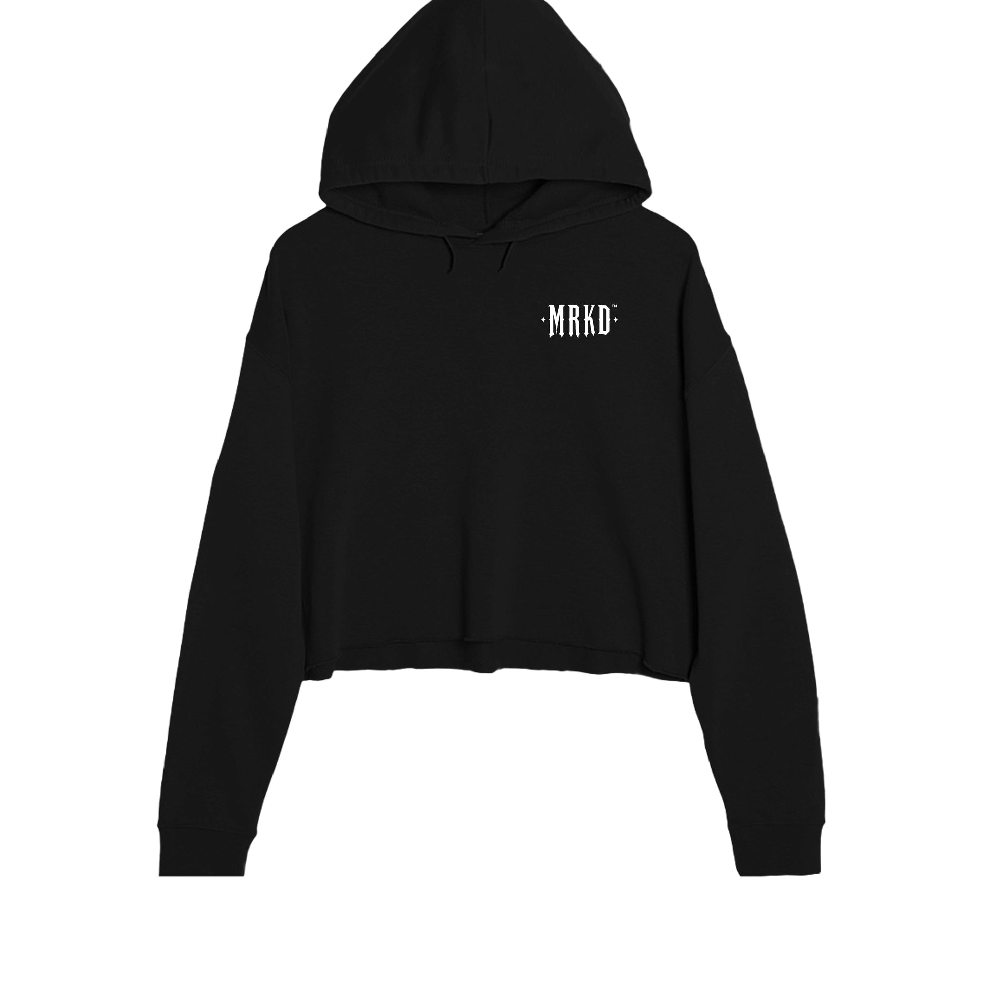 A black cropped pullover hoodie with a small white text graphic reading 'MRKD' on the left chest, displayed against a solid white background.