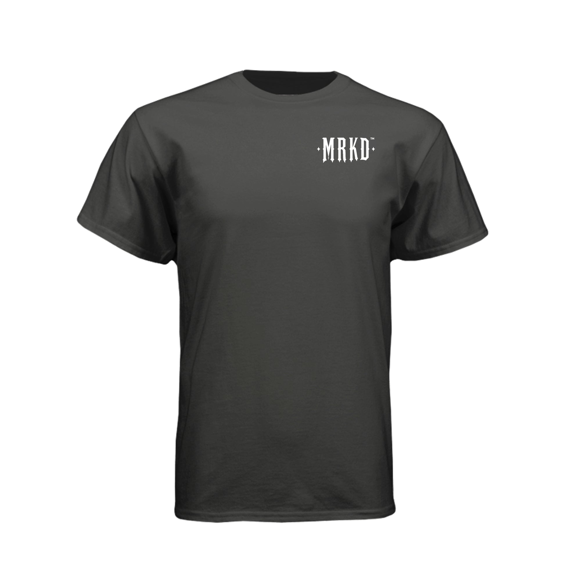 A dark gray crewneck t-shirt with a small white text graphic reading ':MRKD:' on the left chest, displayed on a solid white background.