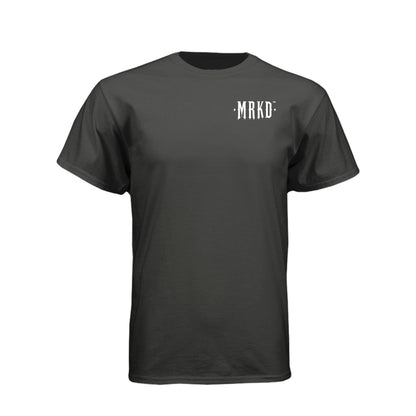 A dark gray crewneck t-shirt with a small white text graphic reading ':MRKD:' on the left chest, displayed on a solid white background.