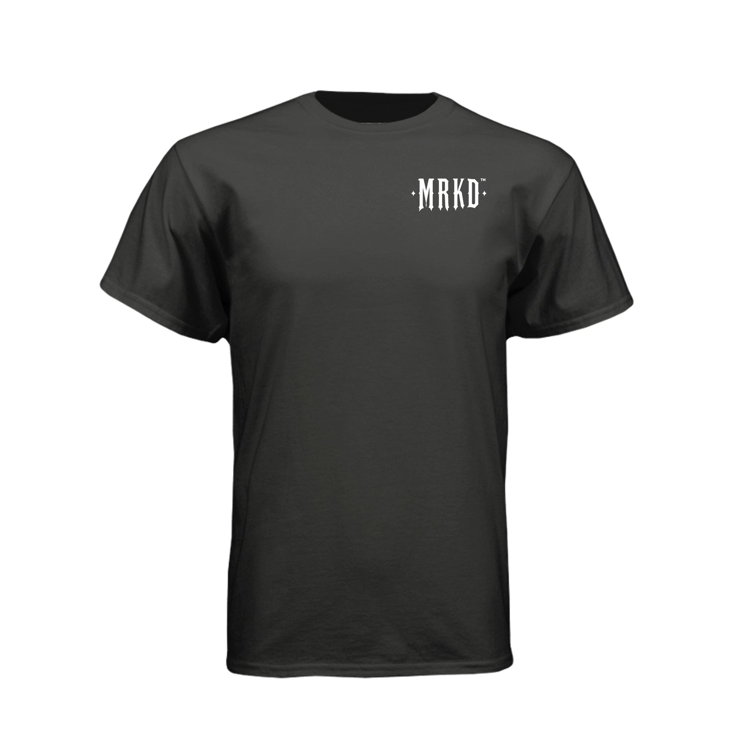 A black short-sleeve crewneck t-shirt with a small white ':MRKD:' logo printed on the left chest, displayed on a clean white background.
