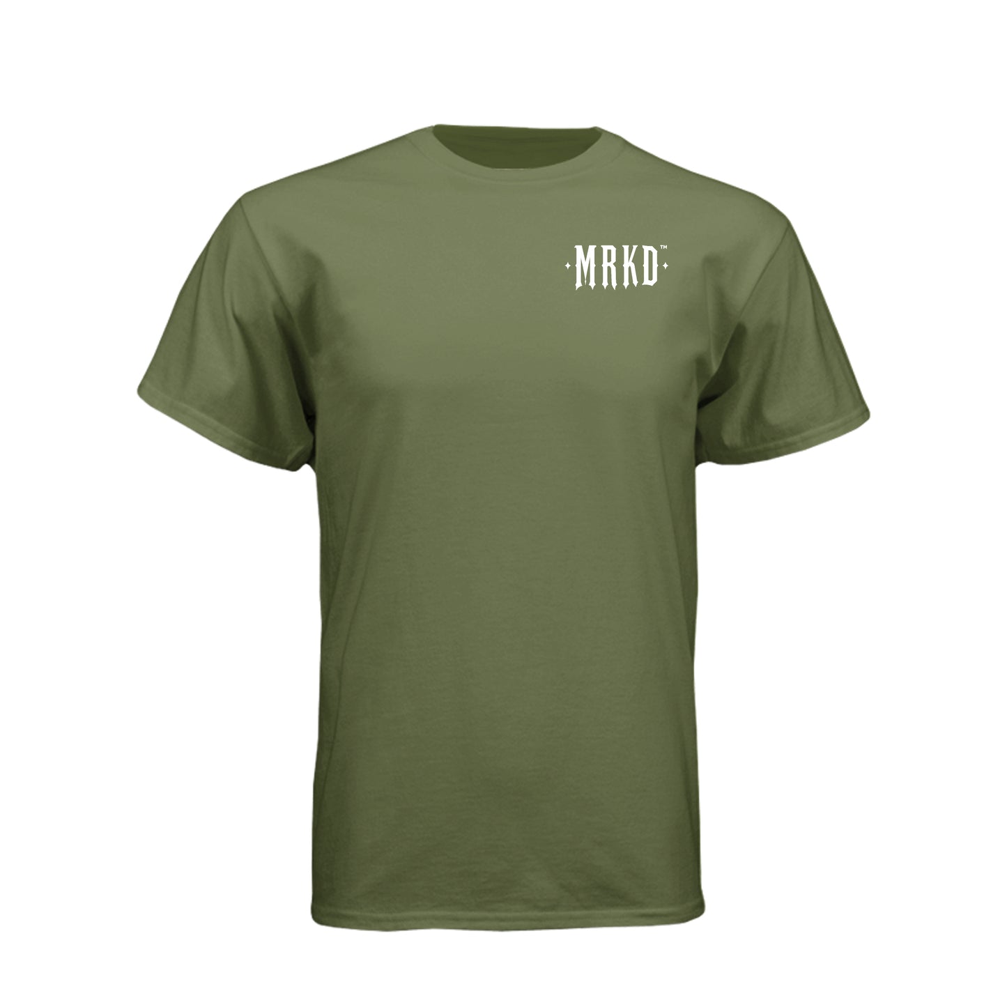 An olive green short-sleeve crewneck t-shirt with a small white text graphic reading ':MRKD:' on the left chest, displayed on a solid white background.