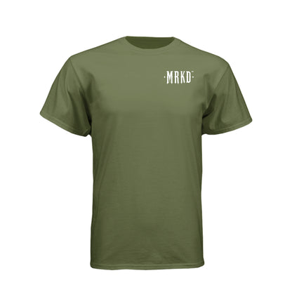 An olive green short-sleeve crewneck t-shirt with a small white text graphic reading ':MRKD:' on the left chest, displayed on a solid white background.