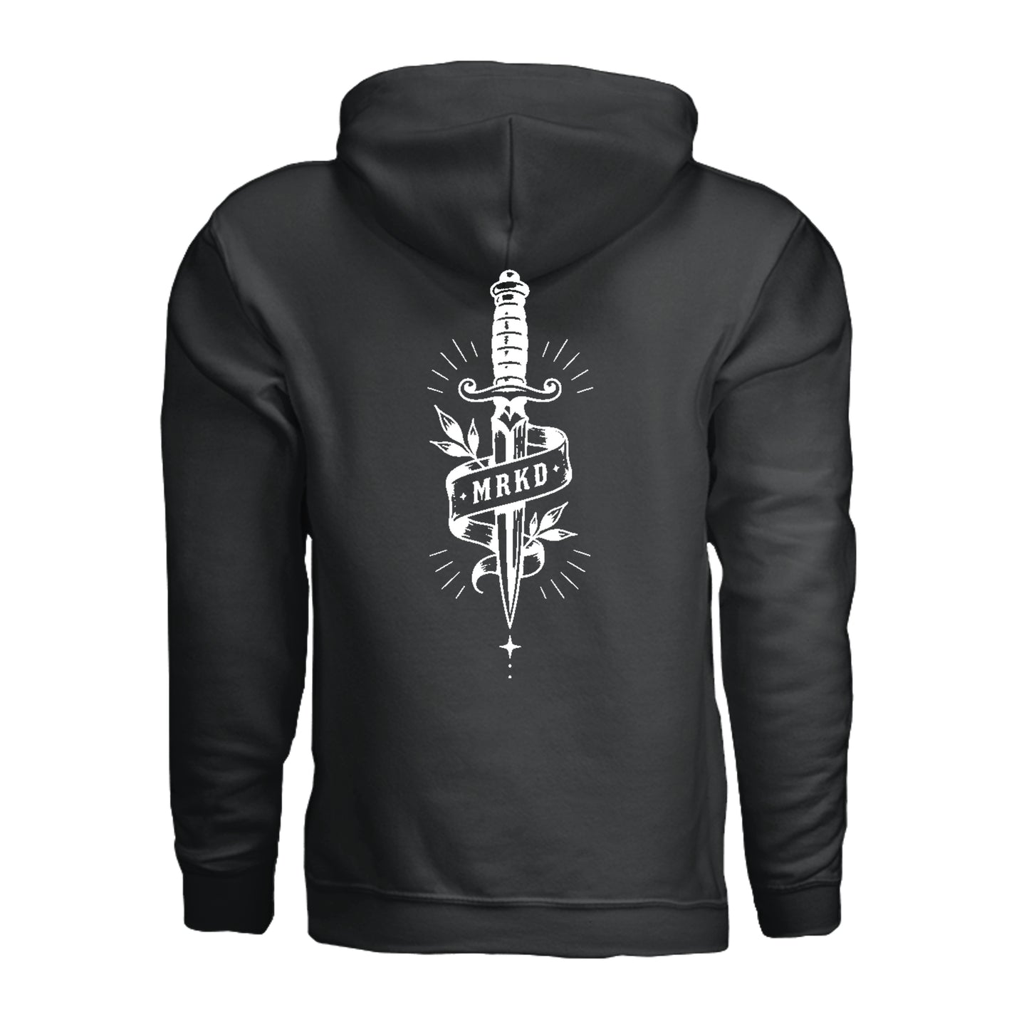 A black pullover hoodie shown from the back, featuring a large white graphic of a dagger with a banner reading 'MRKD' and decorative rays.