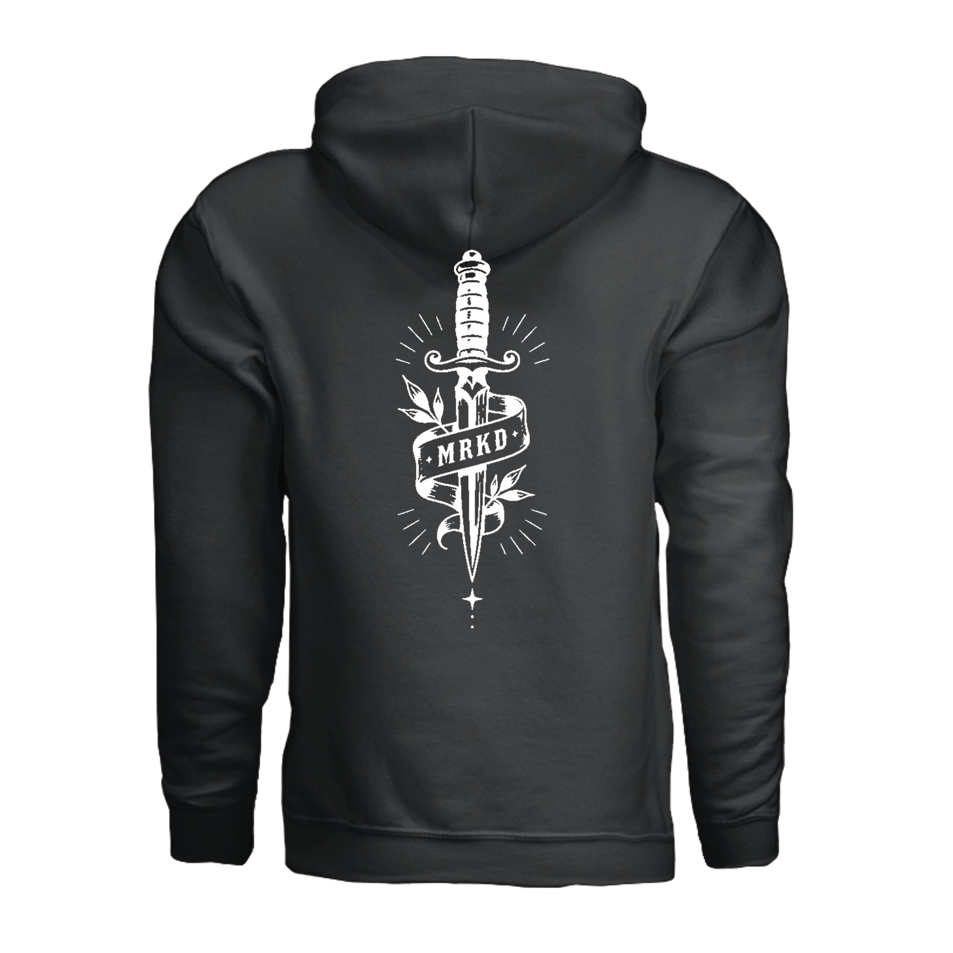 A black pullover hoodie shown from the back, featuring a large white graphic of a dagger with a banner reading 'MRKD' and decorative rays.