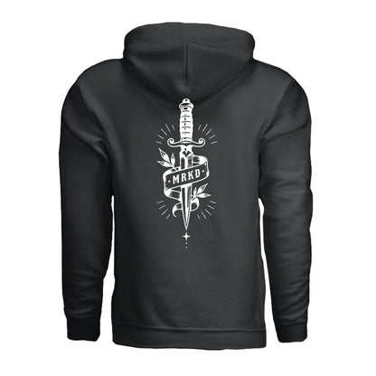 A black pullover hoodie shown from the back, featuring a large white graphic of a dagger with a banner reading 'MRKD' and decorative rays.