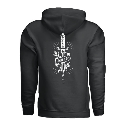 A black pullover hoodie shown from the back, featuring a large white graphic of a dagger with a banner reading 'MRKD' and decorative rays.