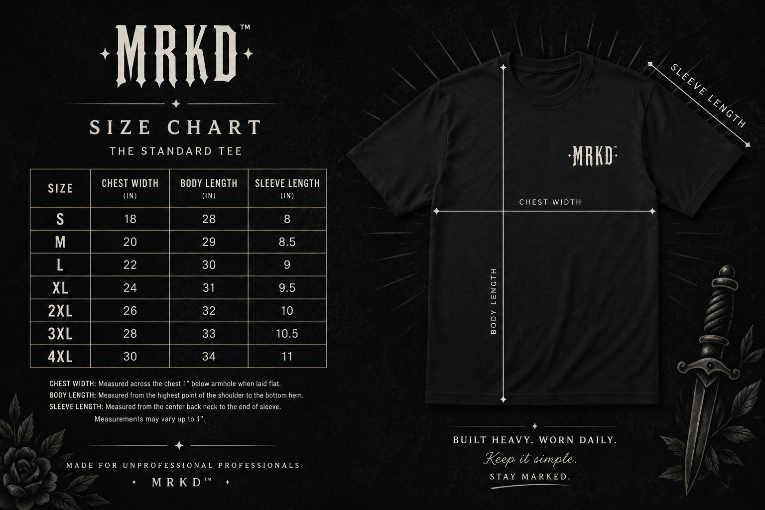 A black size chart graphic for the MRKD brand, showing a measurement table on the left and a black T-shirt on the right with dimension lines indicating chest width, body length, and sleeve length. The shirt has a small white MRKD logo on the chest, and the background is black with decorative text and a sword illustration.