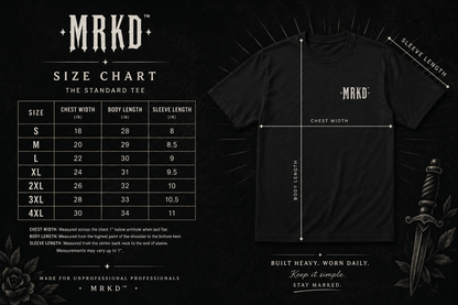 A black size chart graphic for the MRKD brand, showing a measurement table on the left and a black T-shirt on the right with dimension lines indicating chest width, body length, and sleeve length. The shirt has a small white MRKD logo on the chest, and the background is black with decorative text and a sword illustration.