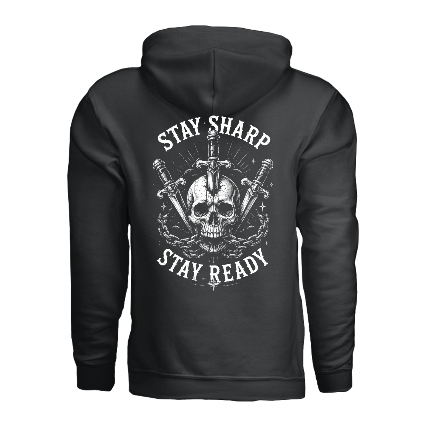 A black pullover hoodie shown from the back, featuring a large white graphic print of a skull, crossed swords, and the words 'STAY SHARP' and 'STAY READY'.