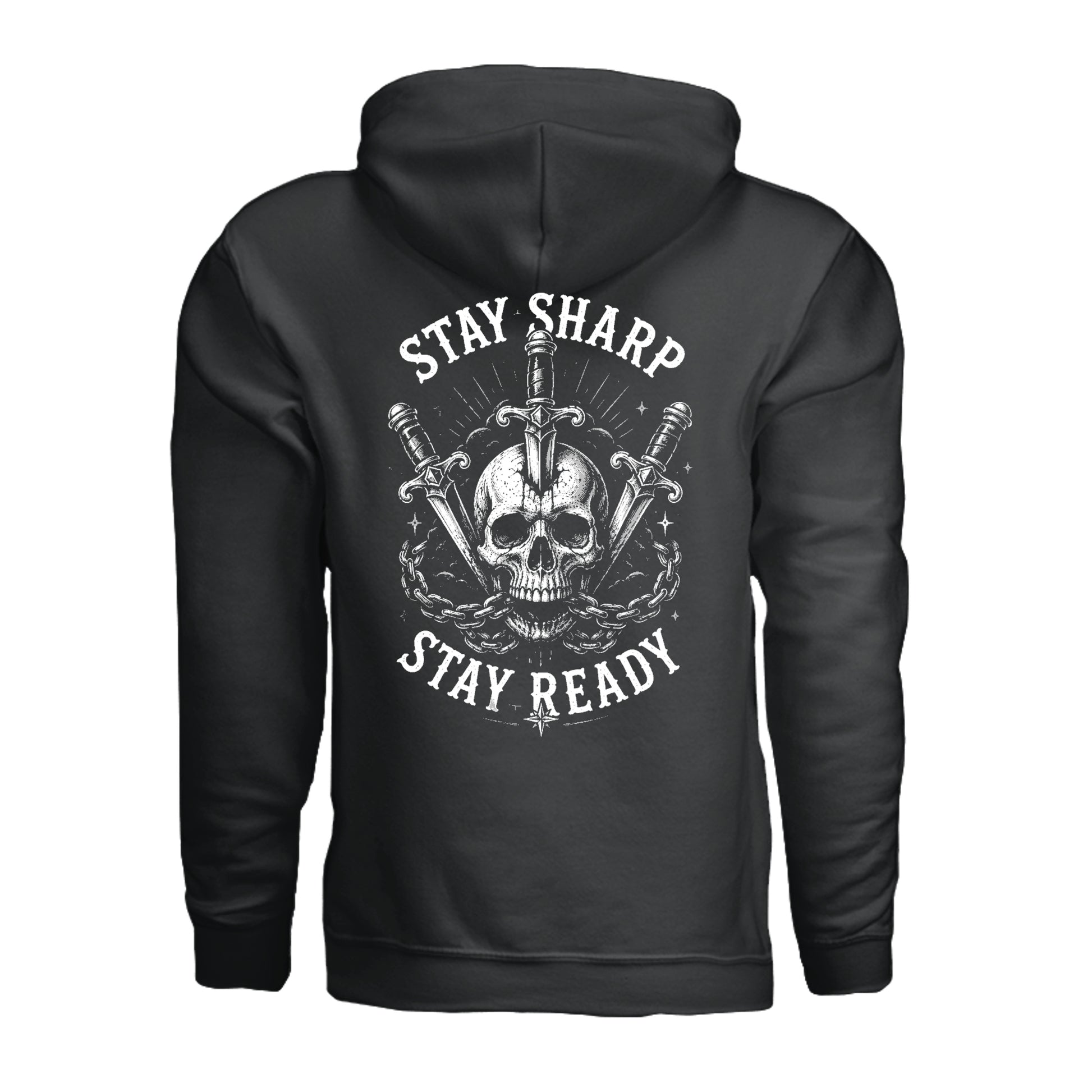 A black pullover hoodie shown from the back, featuring a large white graphic print of a skull, crossed swords, and the words 'STAY SHARP' and 'STAY READY'.