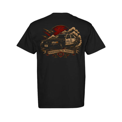 A black short-sleeve t-shirt shown from the back, featuring a large graphic print of a police car with smoke, a red sun, and the text 'PERMISSION TO PURSUE'.